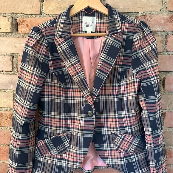 AUTRES FILLES Navy & Pink Plaid Jacket – Puffy Sleeves, Trendy Statement Piece - Picture 1 of 3
